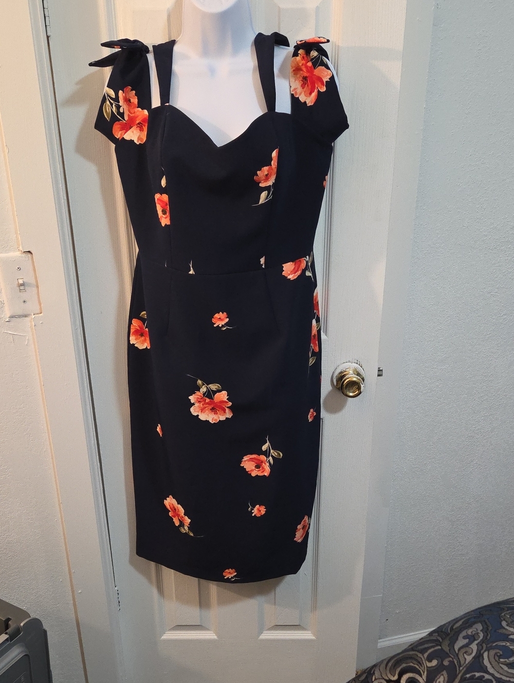 Ashley Graham Black Midi Dress with Orange Floral Print